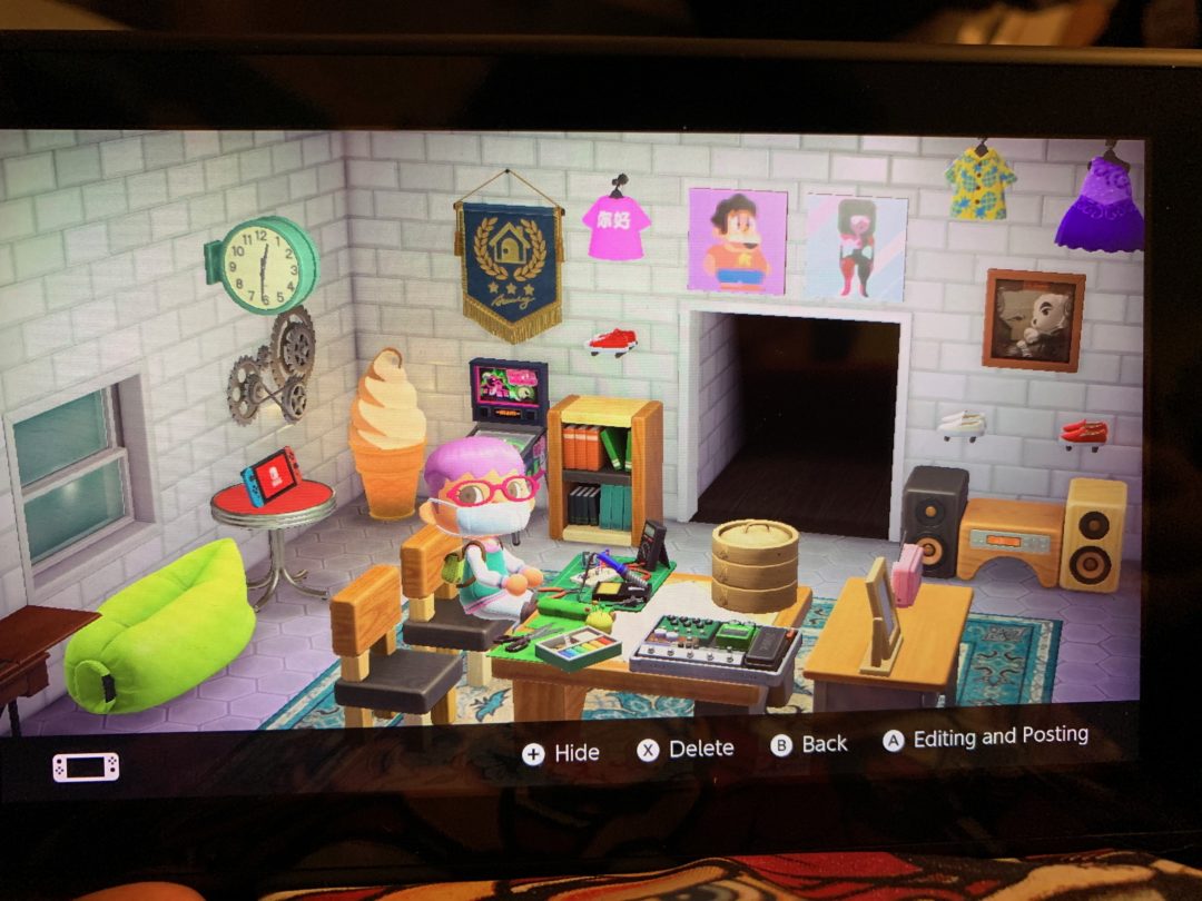 My Animal Crossing New Horizon's home with electronic, crafting, and pedal kits on the table. 